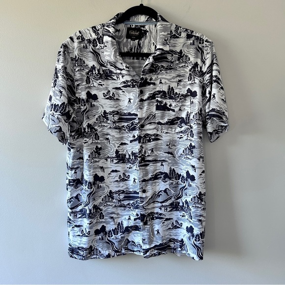 Far West Shirt Short Sleeve Men's Medium Black and White Coastal Nautical Summer - Picture 1 of 12